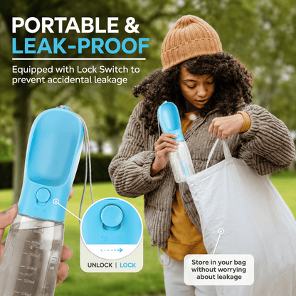 Noblias dog water bottle going into a shopping bag, with a close up of the unlock and lock switch that stops leaks.