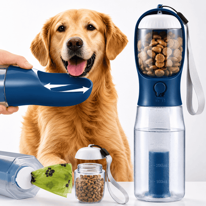 Navy Noblias 3-in-1 dog water bottle shown with its fold-out trough, treat compartment and built-in poop bag holder.