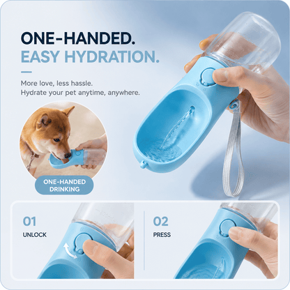Two step guide showing the Noblias dog water bottle being unlocked and pressed with one hand to fill the trough.