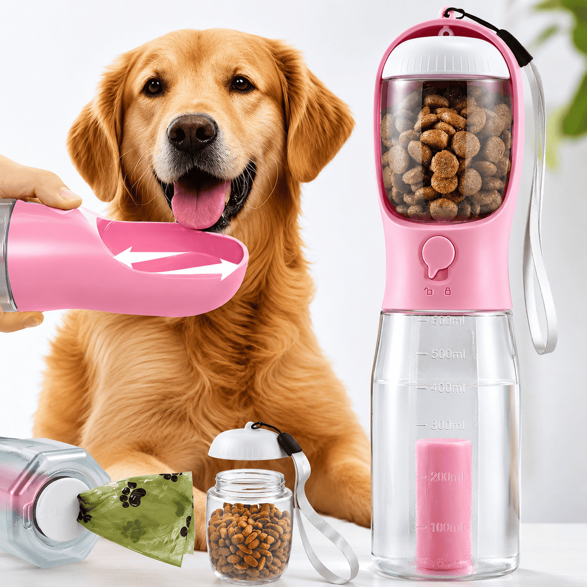Pink Noblias 3-in-1 dog water bottle held out for a golden retriever with the trough folded open.