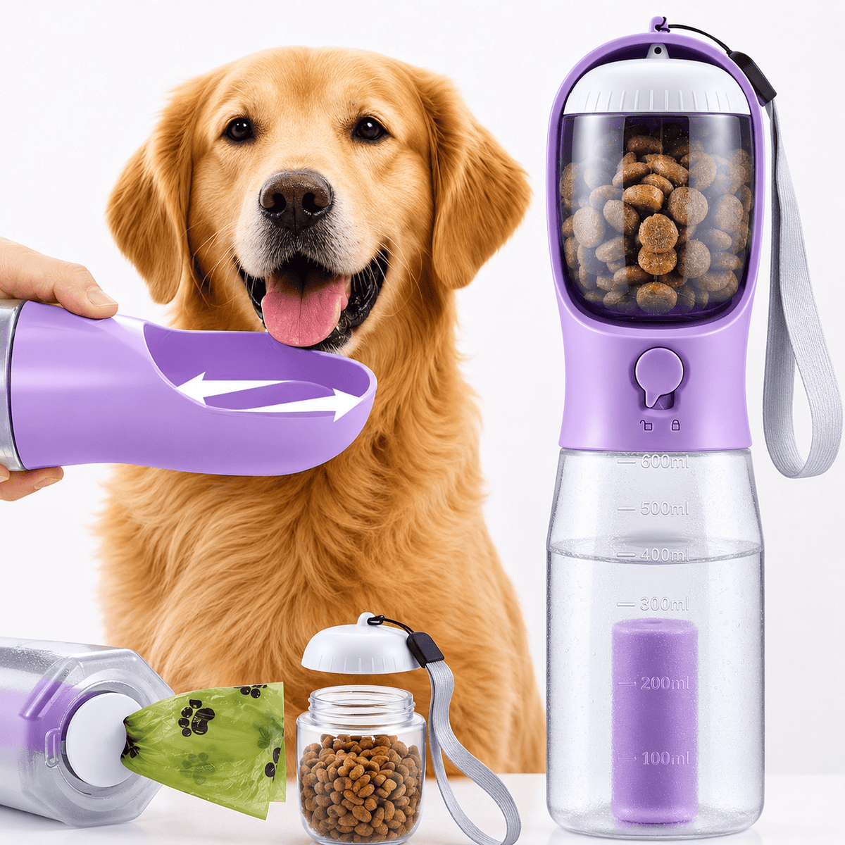 Purple Noblias 3-in-1 dog water bottle with its fold-out trough, food compartment and poop bag storage.