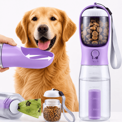 Purple Noblias 3-in-1 dog water bottle with its fold-out trough, food compartment and poop bag storage.