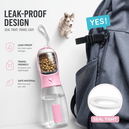 Pink Noblias dog water bottle clipped to a backpack, showing the leak-proof silicone seal that keeps it tight while traveling.