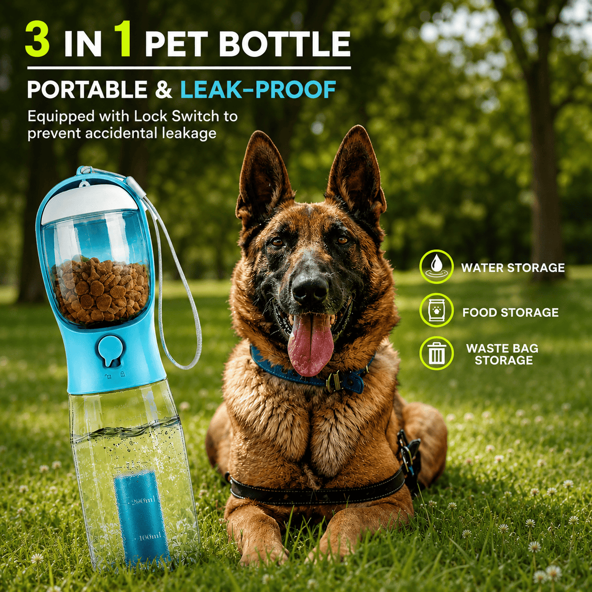 Noblias 3-in-1 pet bottle beside a german shepherd, labeled for water storage, food storage and waste bag storage.