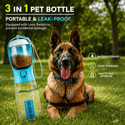 Noblias 3-in-1 pet bottle beside a german shepherd, labeled for water storage, food storage and waste bag storage.