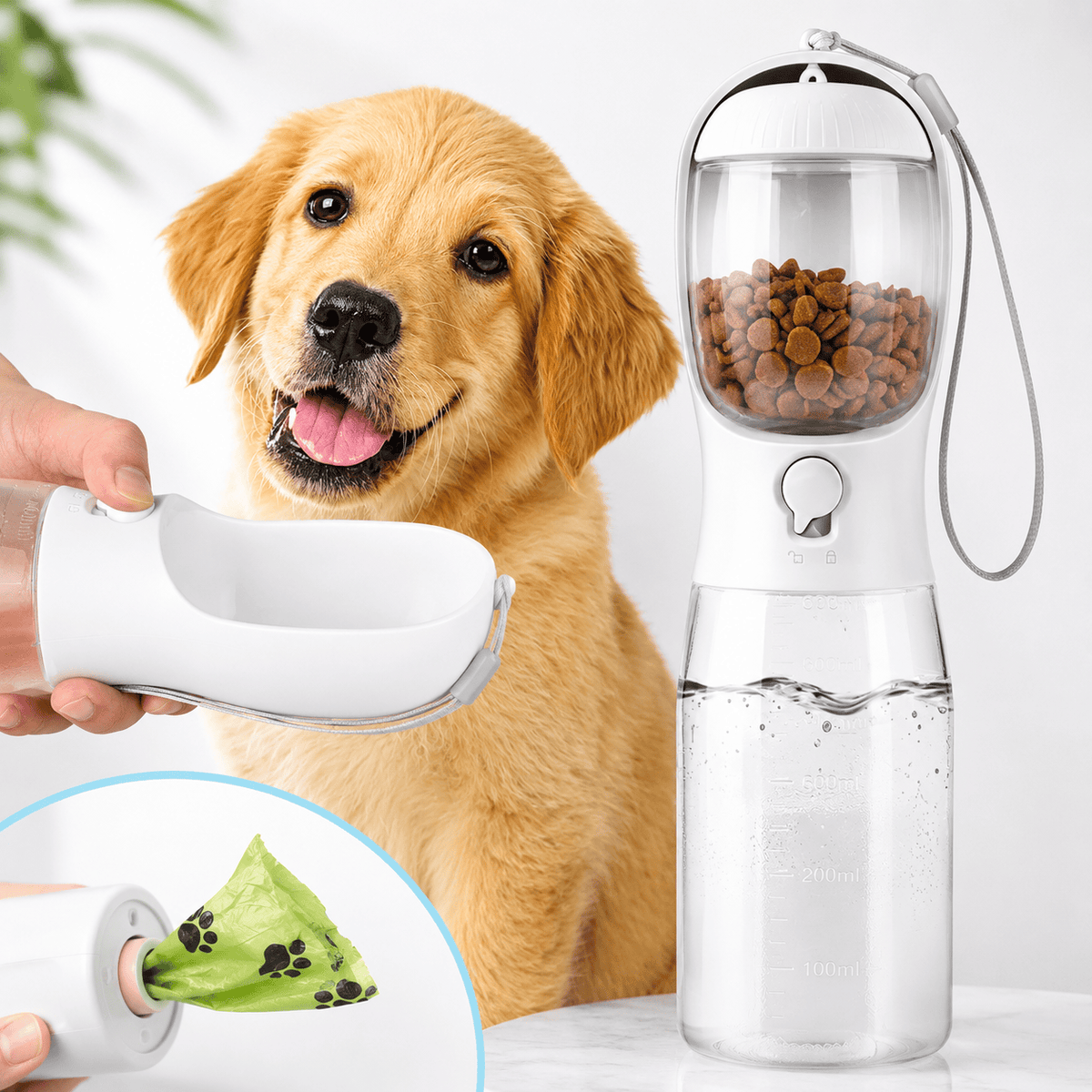 White Noblias 3-in-1 dog water bottle with the drinking trough open and kibble in the food compartment.