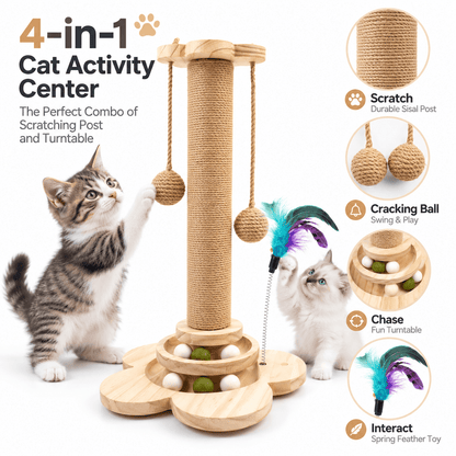 4 in 1 cat scratching post infographic showing the sisal post, hanging balls, ball track turntable and spring feather toy.