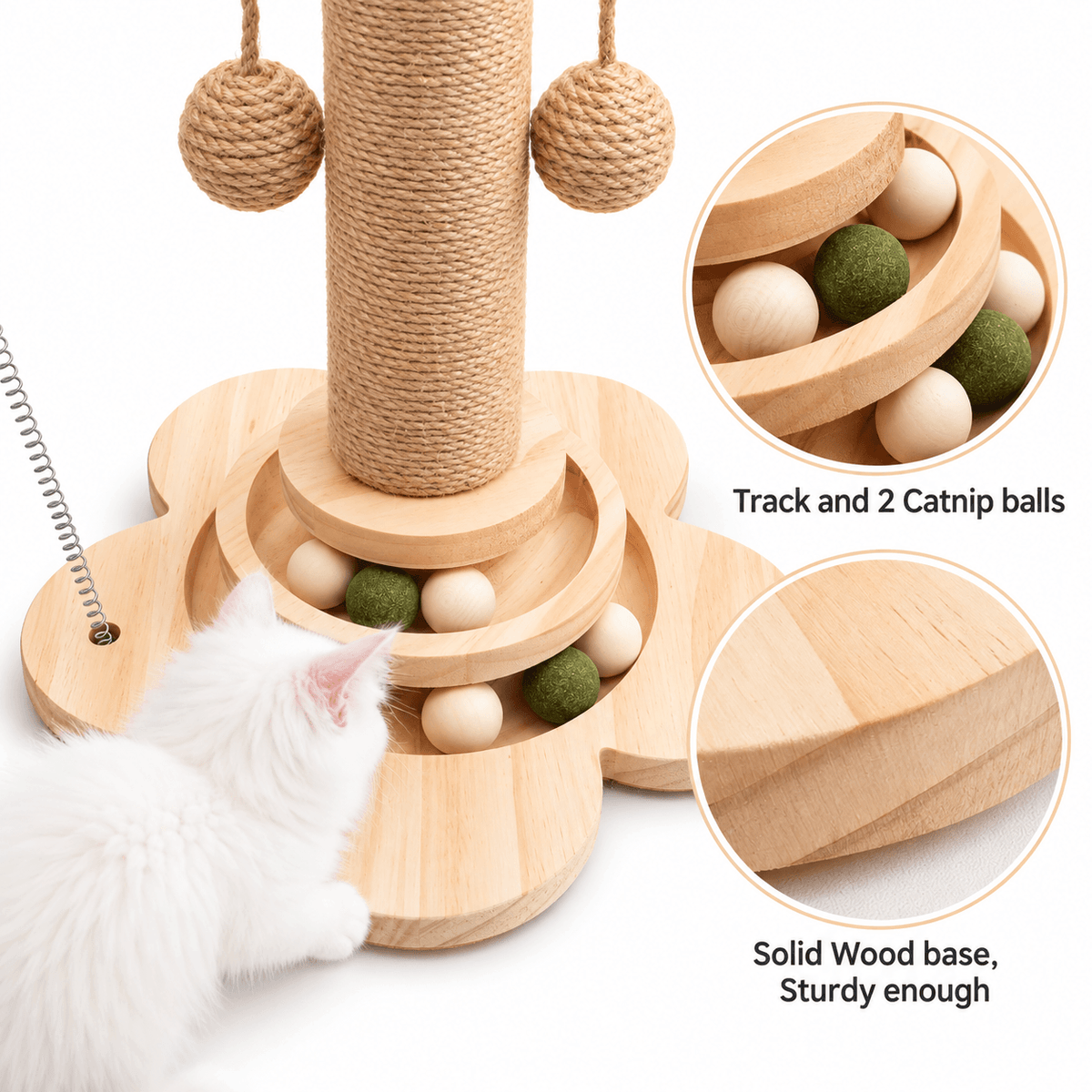 Close-up of the cat scratching post ball track with wooden beads and two catnip balls on a solid wood base.
