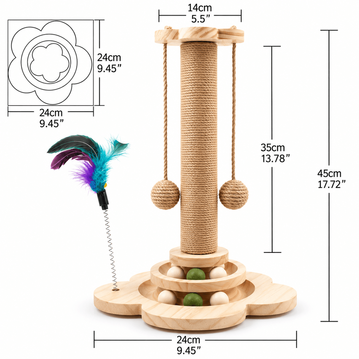 Dimensions of the 4 in 1 cat scratching post: 45 cm (17.72 in) tall, 24 cm (9.45 in) base, 35 cm sisal post and 14 cm top.