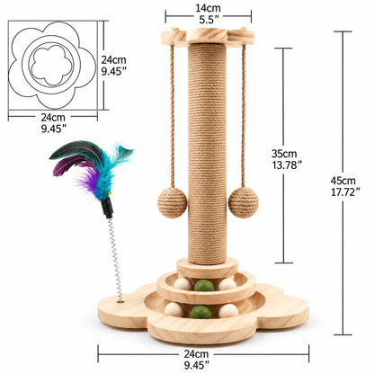 Dimensions of the 4 in 1 cat scratching post: 45 cm (17.72 in) tall, 24 cm (9.45 in) base, 35 cm sisal post and 14 cm top.