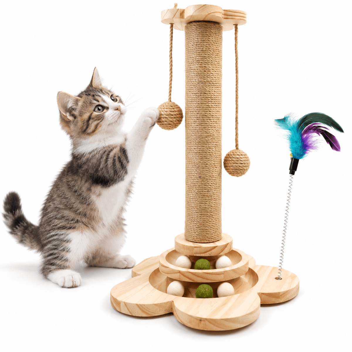 Tabby kitten batting a hanging sisal ball on the 4 in 1 cat scratching post with ball track and feather toy.