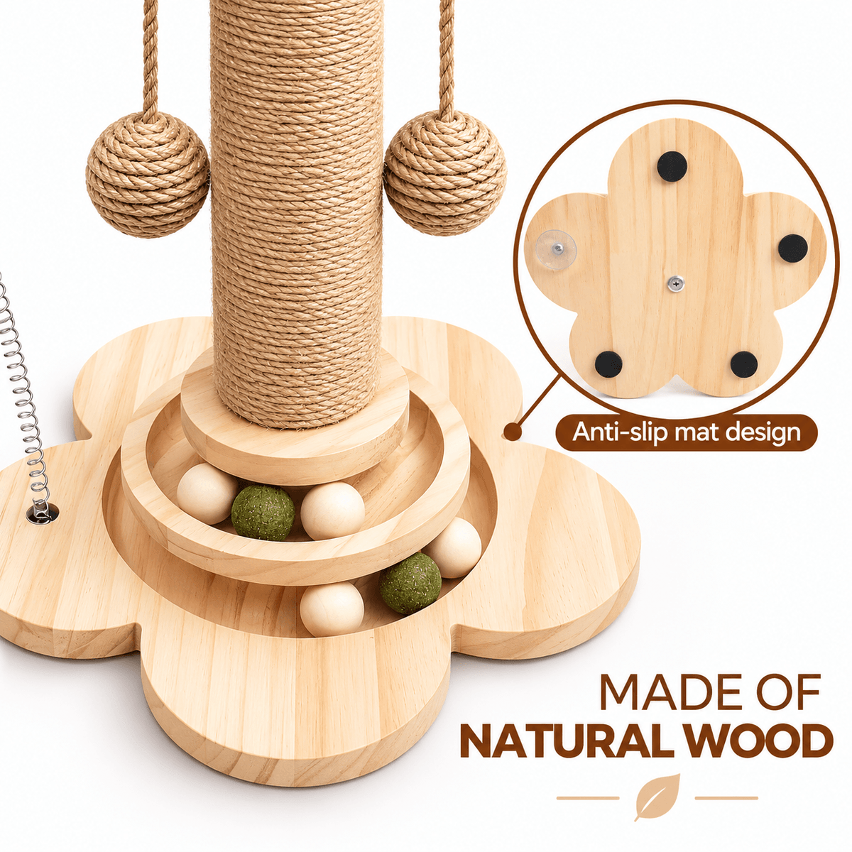 Natural wood flower-shaped base of the cat scratching post with anti-slip pads underneath.
