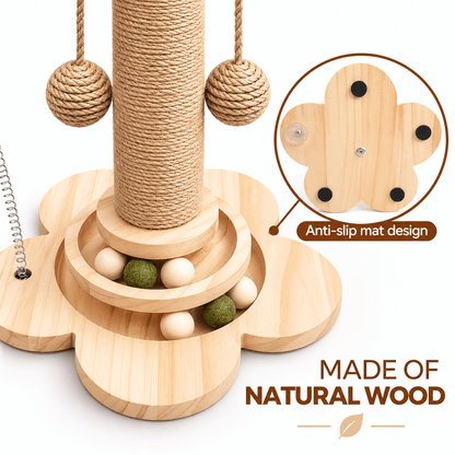 Natural wood flower-shaped base of the cat scratching post with anti-slip pads underneath.