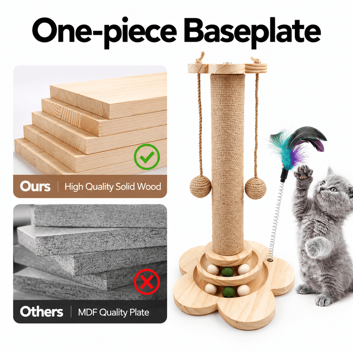 Comparison of the cat scratching post's one-piece solid wood baseplate against an MDF plate, with a kitten playing.
