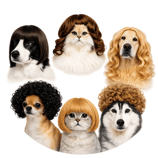 The brown Noblias 6 piece pet wig set, showing black, brown and blonde bob, curly and long wavy styles worn by cats and dogs.