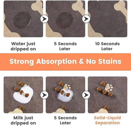 Absorption test on the brown mat: a water drip fades at five seconds and is gone at ten, and spilled milk separates into solid and liquid.