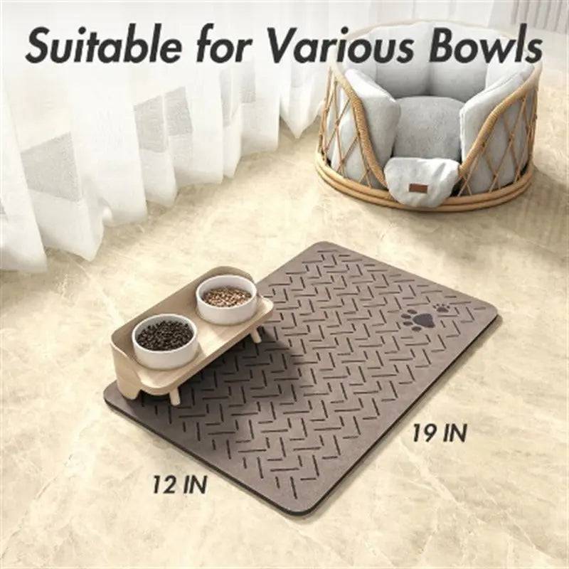 Taupe chevron mat under a raised double bowl, labeled suitable for various bowls and marked 12 by 19 inches.