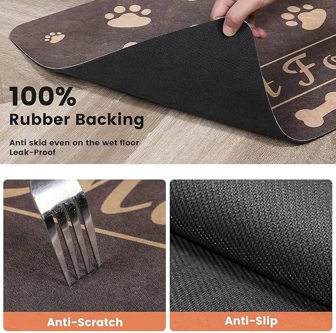 Hand lifting the corner of the brown mat to show its 100% rubber backing, with a fork anti-scratch test and an anti-slip weave close-up.