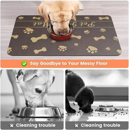 Labrador eating from a red bowl on the brown Pet Food Mat, above two grayscale panels of kibble and water spilled on a bare floor.