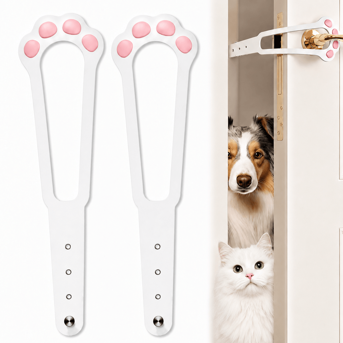 Two white paw shaped latches beside a door held ajar by one of them, with a dog and a white cat looking through.