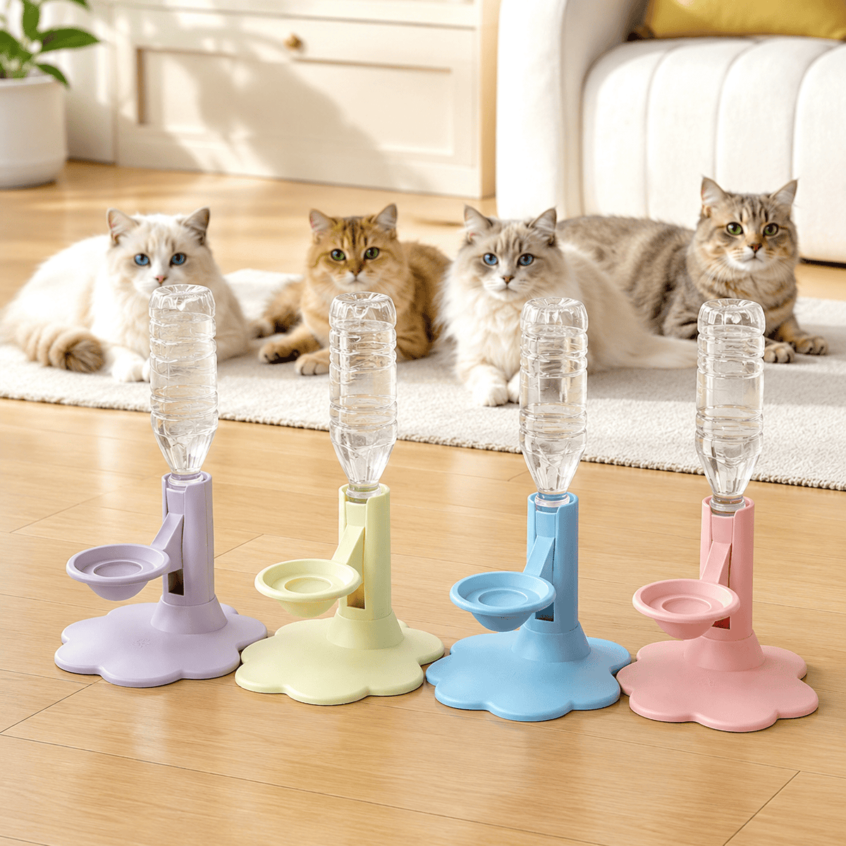 Four gravity pet water dispensers in purple, yellow, blue, and pink lined up on a living room floor with cats resting behind them, each holding an inverted water bottle