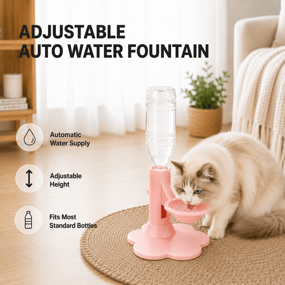 Pink gravity pet water dispenser on a woven rug with a Ragdoll cat drinking, labeled automatic water supply, adjustable height, and fits most standard bottles