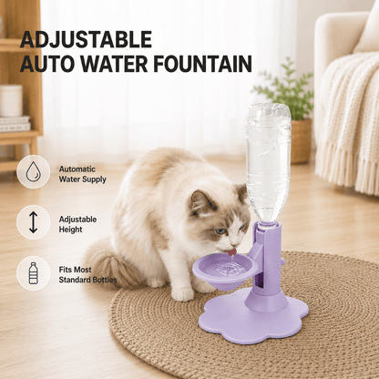 Purple gravity pet water dispenser on a woven rug with a Ragdoll cat drinking, labeled automatic water supply, adjustable height, and fits most standard bottles