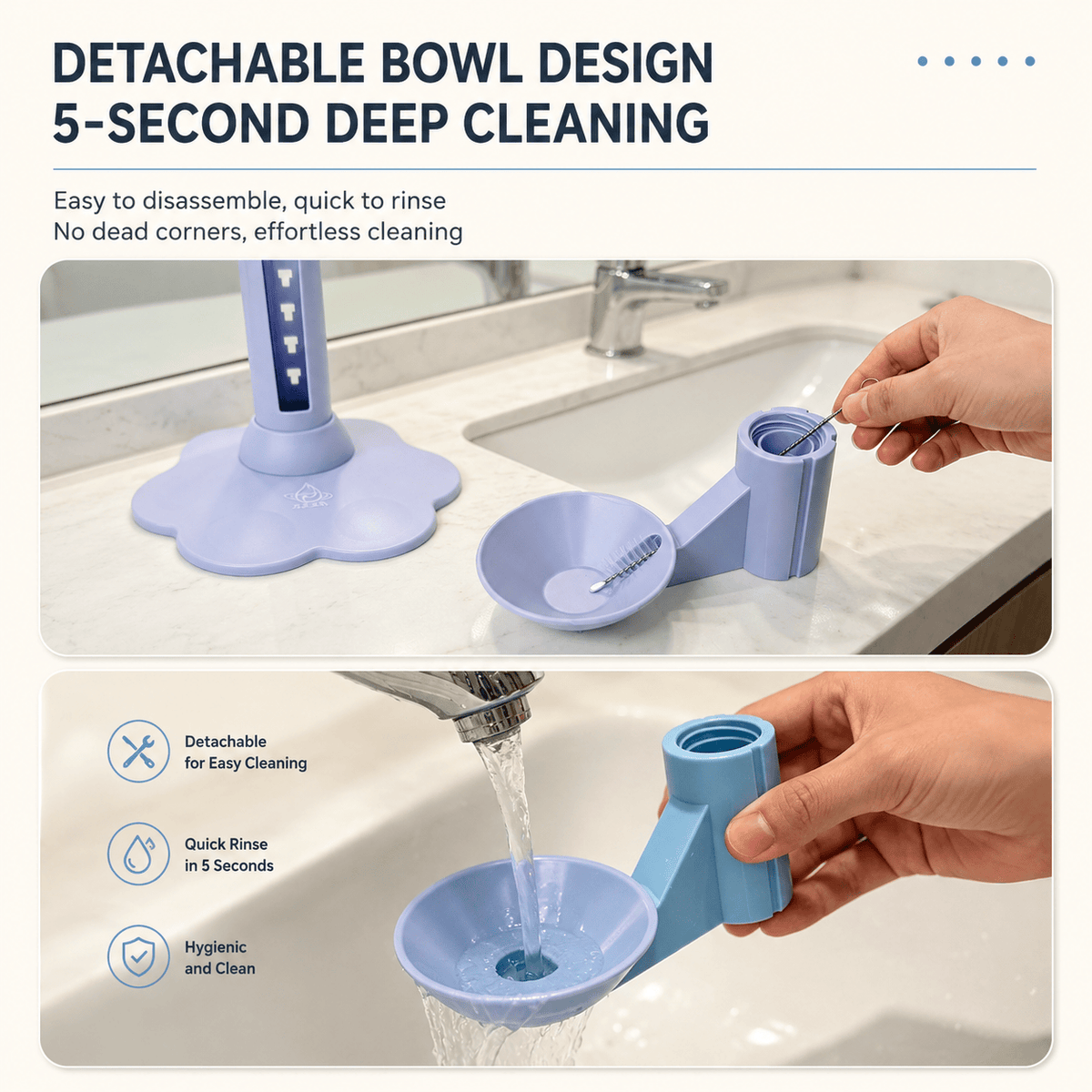 Detachable bowl design infographic showing the purple bowl pulled off the stand and rinsed under a tap for five-second deep cleaning with no dead corners