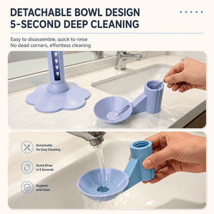 Detachable bowl design infographic showing the purple bowl pulled off the stand and rinsed under a tap for five-second deep cleaning with no dead corners