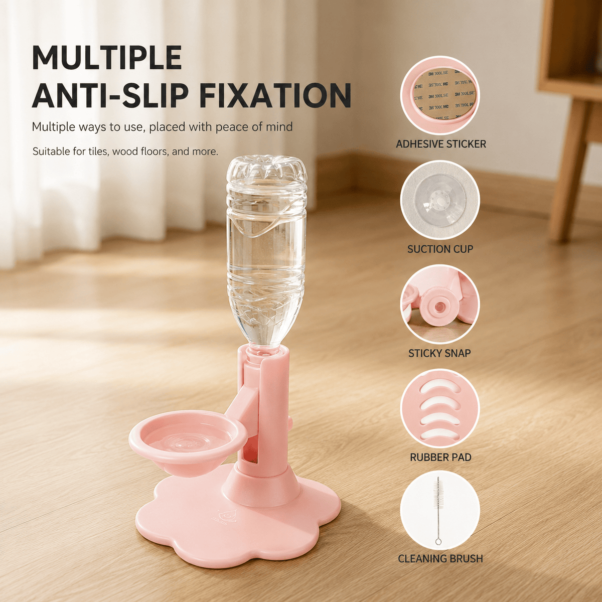 Multiple anti-slip fixation infographic showing the pink gravity water dispenser with adhesive sticker, suction cup, sticky snap, rubber pad, and cleaning brush accessories