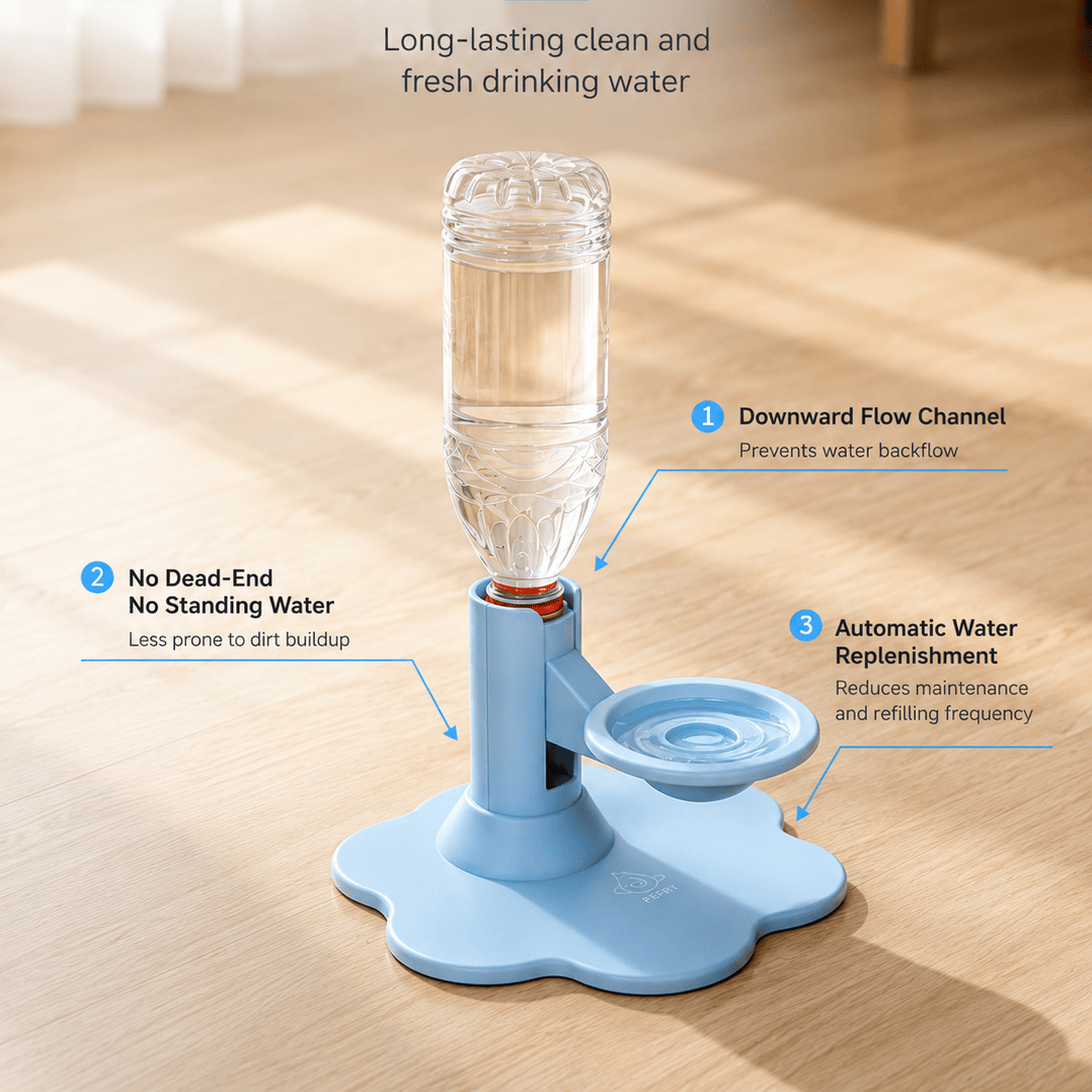 Blue gravity pet water dispenser annotated with downward flow channel preventing backflow, no dead-end no standing water bowl, and automatic water replenishment