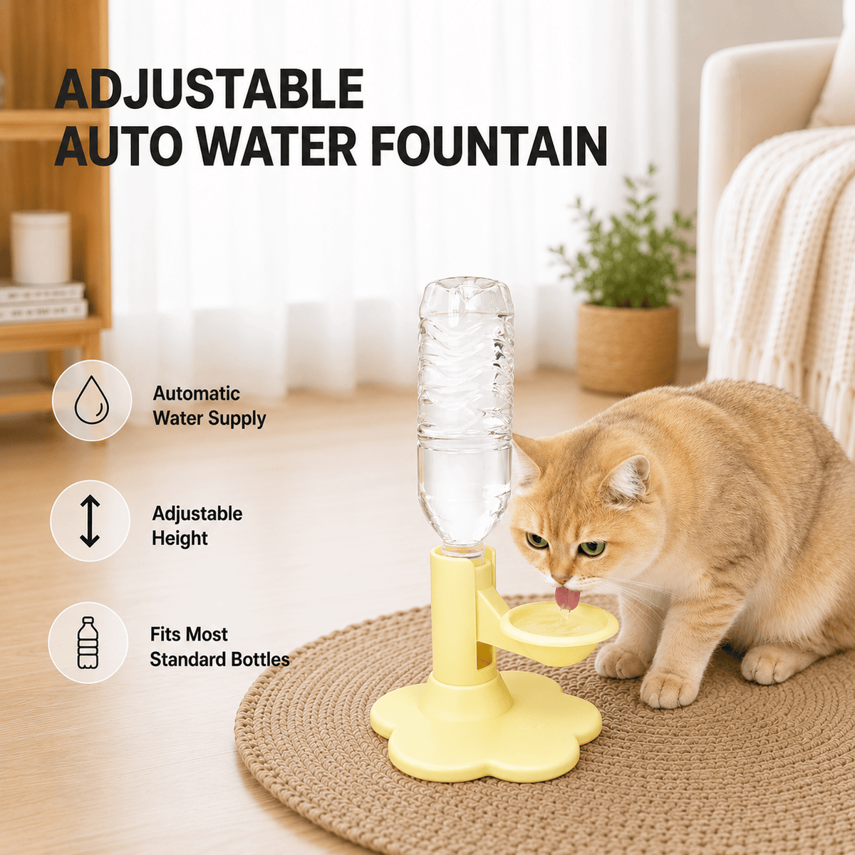 Yellow gravity pet water dispenser on a woven rug with a ginger cat drinking, labeled automatic water supply, adjustable height, and fits most standard bottles