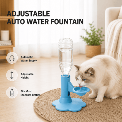 Blue gravity pet water dispenser on a woven rug with a white cat drinking, labeled automatic water supply, adjustable height, and fits most standard bottles