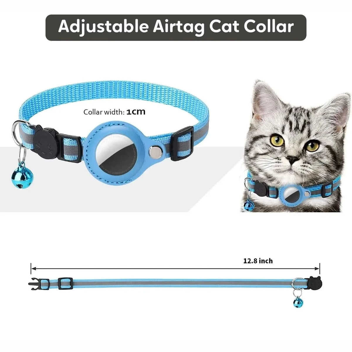 Diagram of the adjustable AirTag cat collar showing the strap width and the full length laid flat