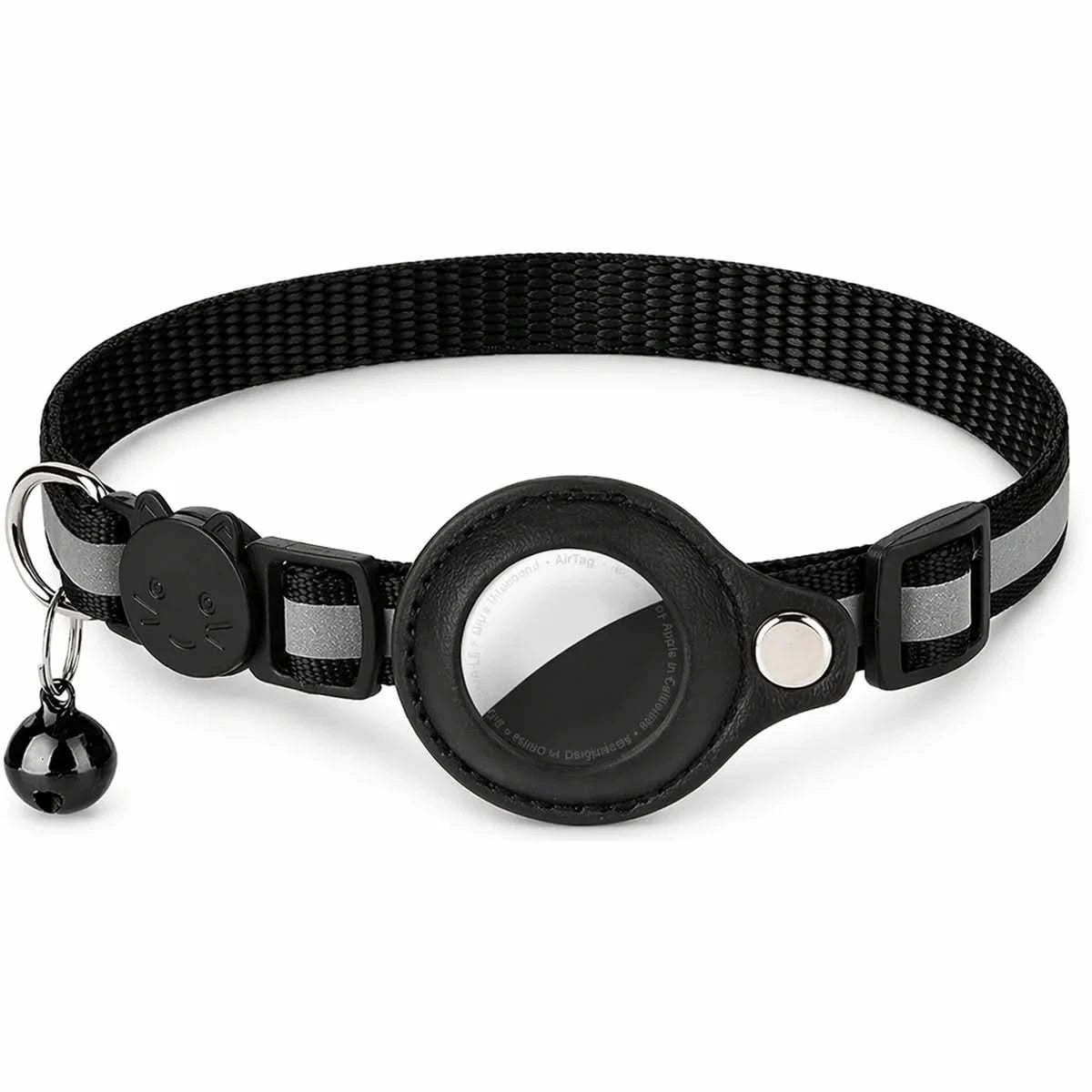 Black AirTag cat collar with holder, breakaway buckle and bell