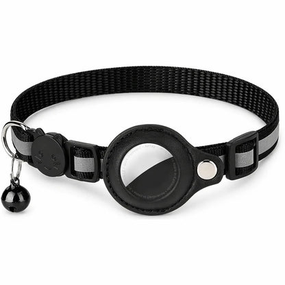 Black AirTag cat collar with holder, breakaway buckle and bell