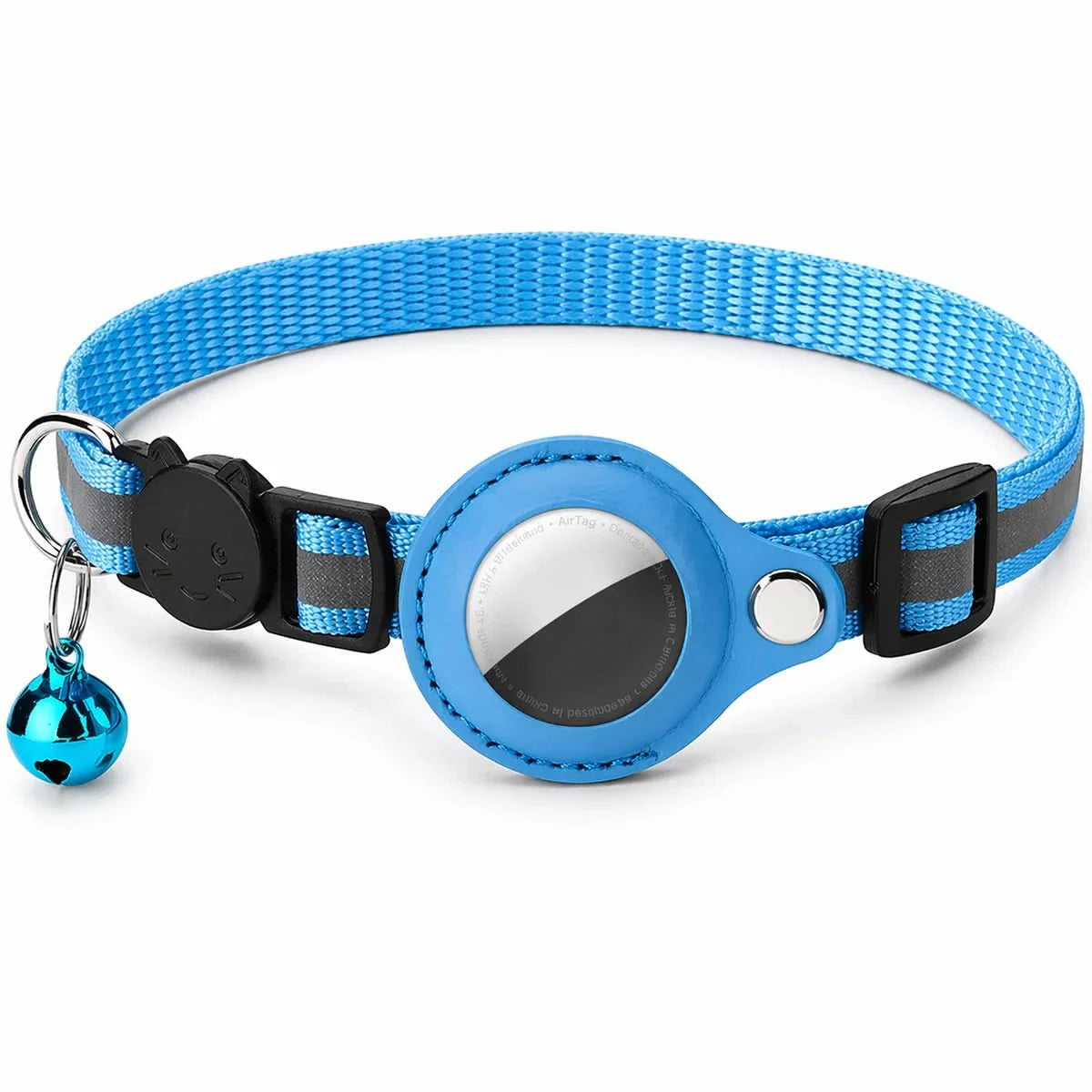 Blue AirTag cat collar with holder, breakaway buckle and bell