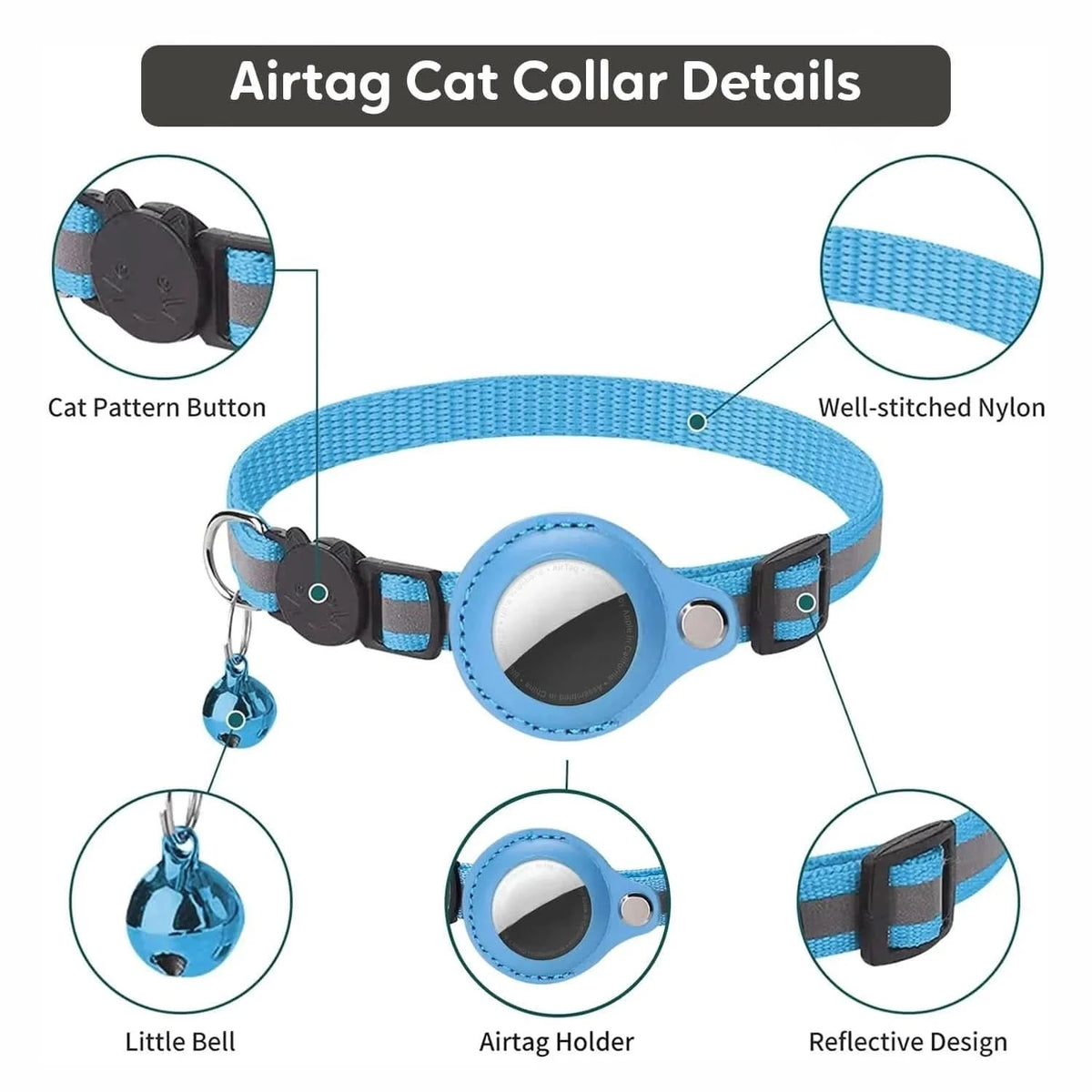 AirTag cat collar details: cat pattern buckle, reflective nylon strap, AirTag holder, removable bell and adjustable slider