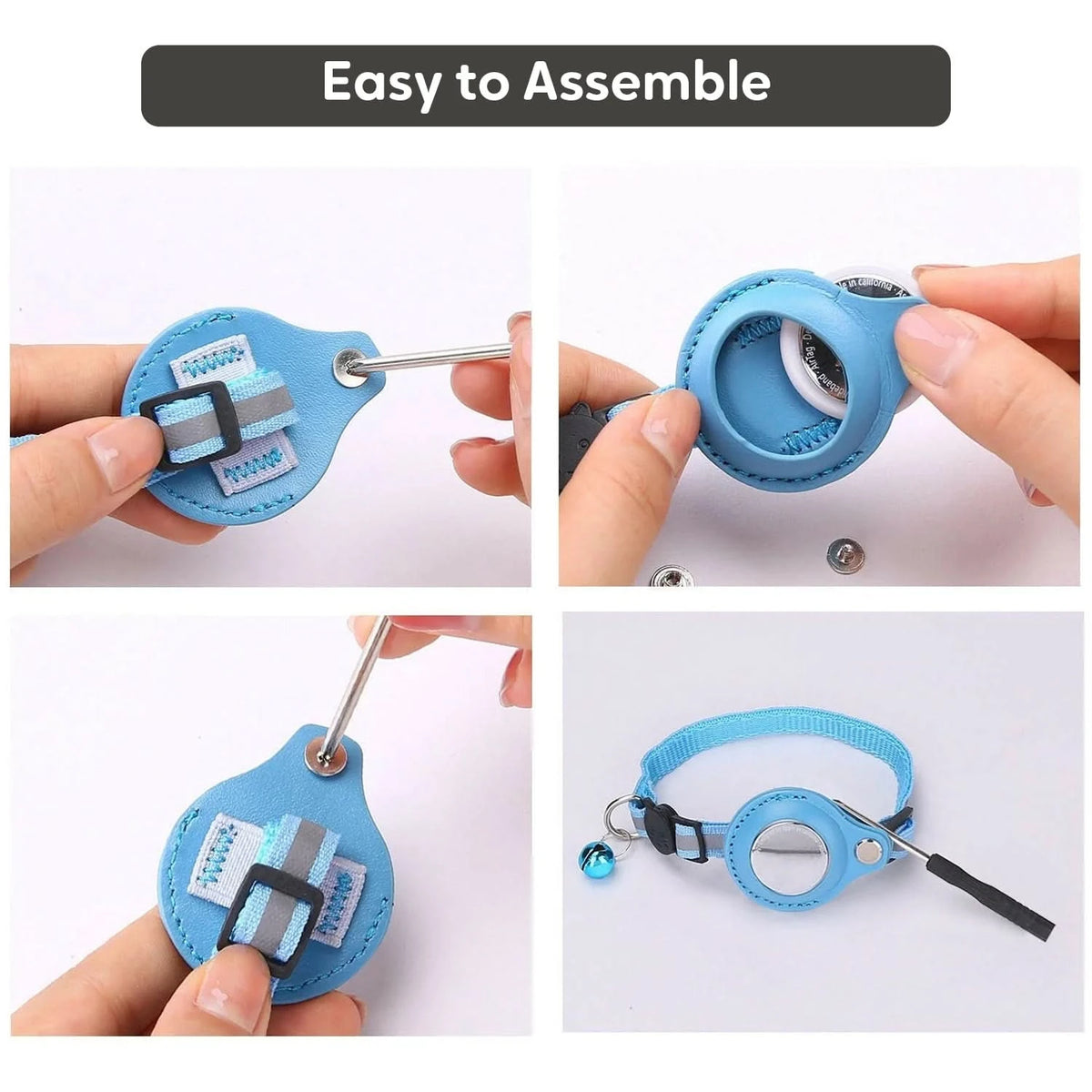 Four steps showing an AirTag being pressed into the holder on the collar and the holder closed