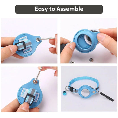 Four steps showing an AirTag being pressed into the holder on the collar and the holder closed