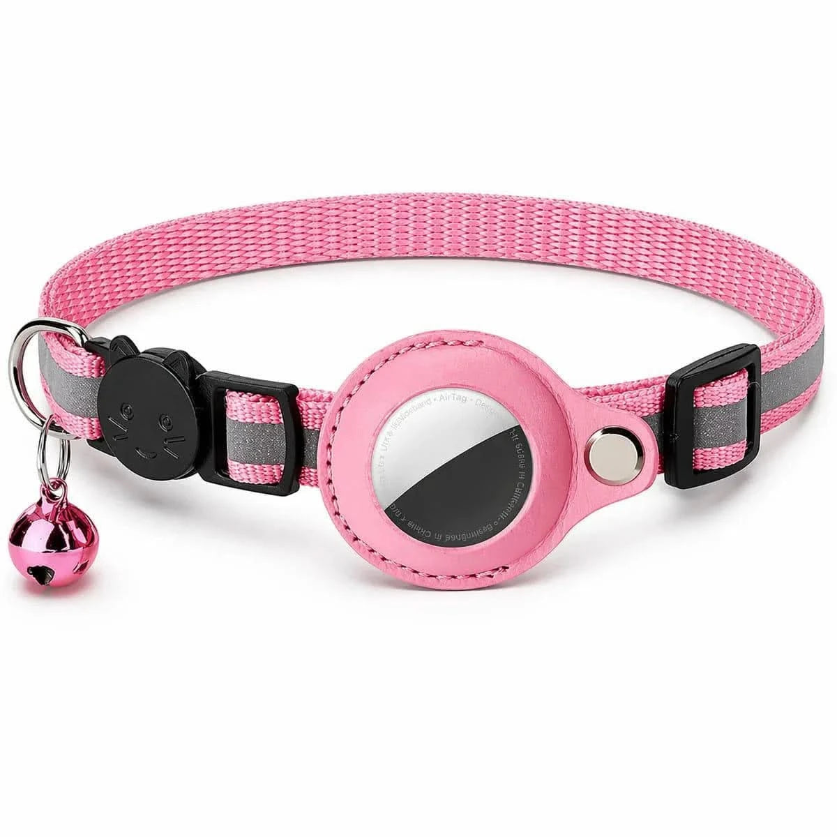 Pink AirTag cat collar with holder, breakaway buckle and bell