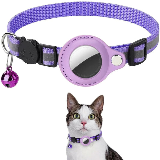 Purple Noblias AirTag cat collar with the AirTag holder, breakaway buckle and bell, shown flat and on a gray cat