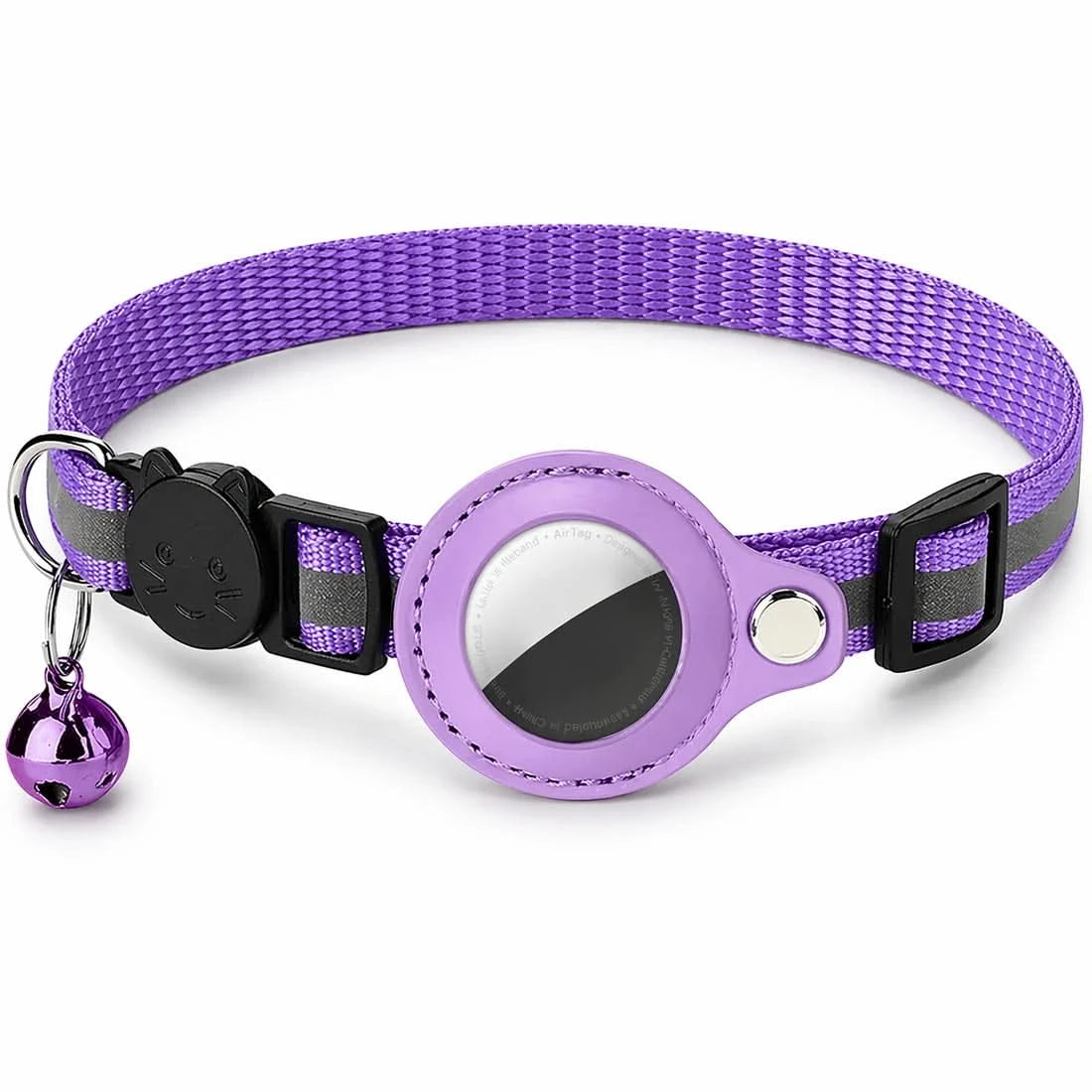 Purple AirTag cat collar with holder, breakaway buckle and bell