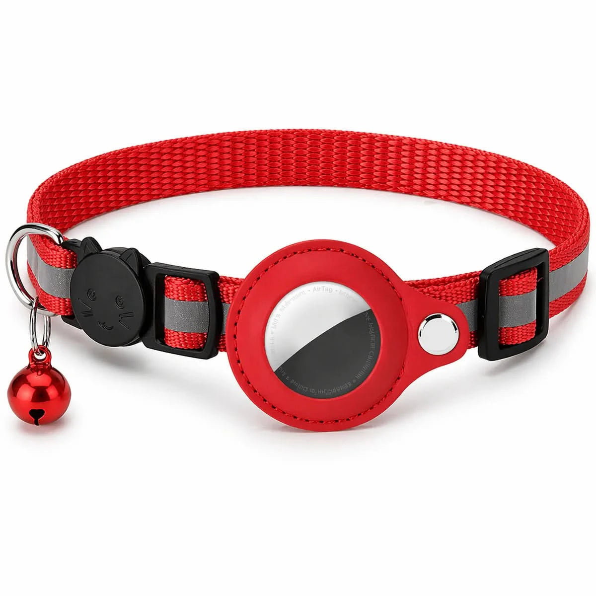Red AirTag cat collar with holder, breakaway buckle and bell