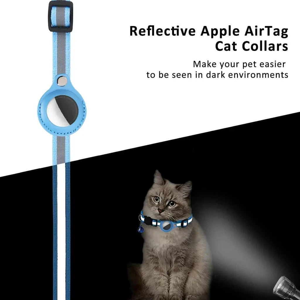 Reflective strip on the AirTag cat collar glowing in a flashlight beam on a cat at night