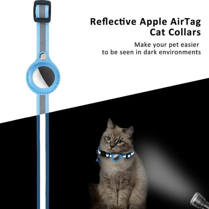 Reflective strip on the AirTag cat collar glowing in a flashlight beam on a cat at night
