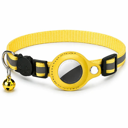 Yellow AirTag cat collar with holder, breakaway buckle and bell