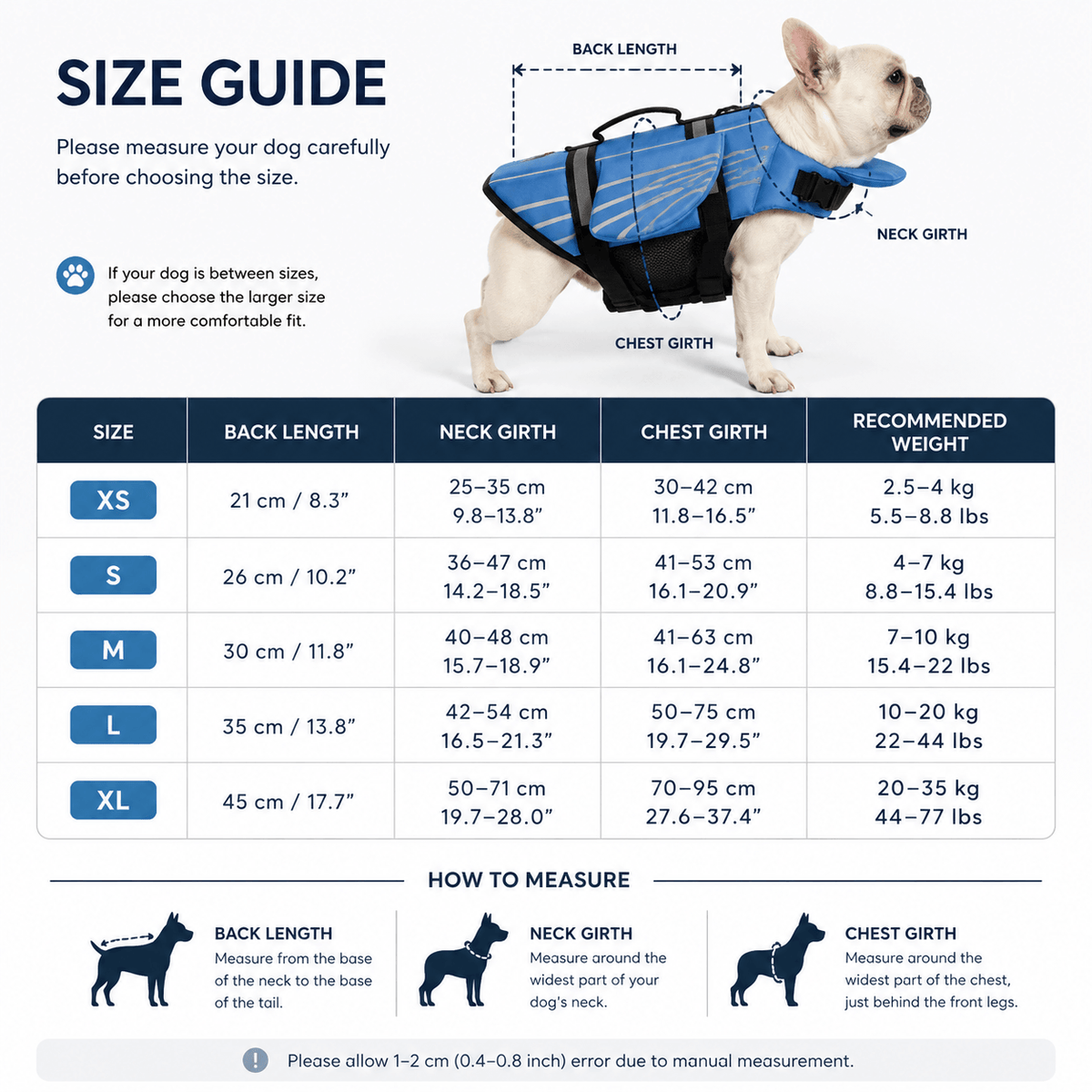 Size chart for the angel wing dog life jacket from XS to XL with back length, neck girth, chest girth and recommended weight, plus how to measure