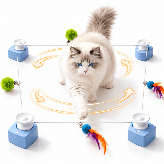 Ragdoll cat chasing feather and pom-pom toys around a four-point route of the automatic cat string toy.