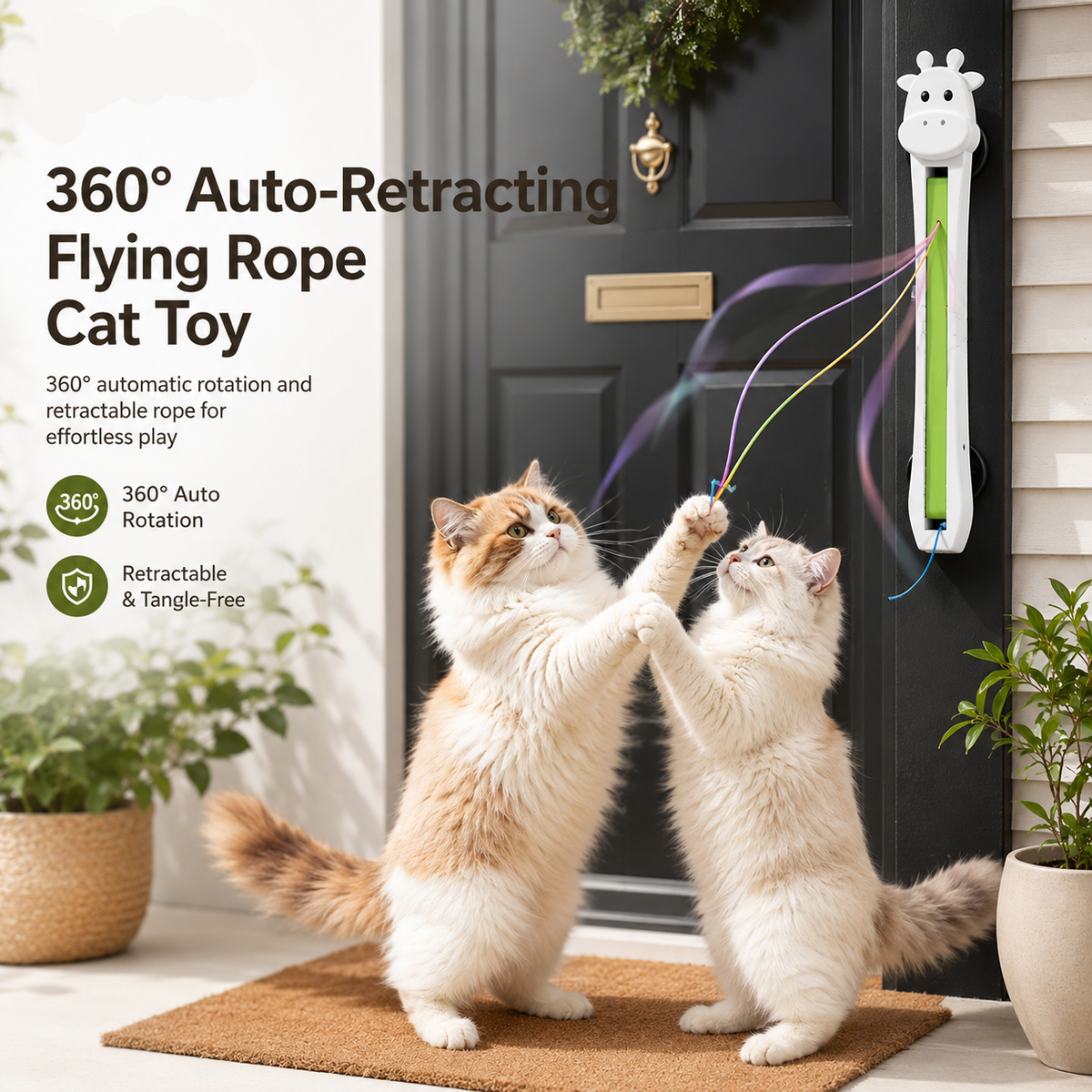 Two cats chasing the ropes of the Noblias automatic cat teaser toy, which rotates a full circle and retracts the rope.
